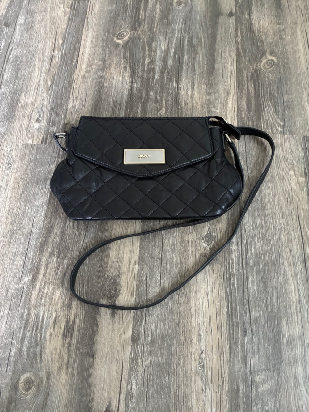 DKNY Black Quilted Crossbody with Gold Logo Plate